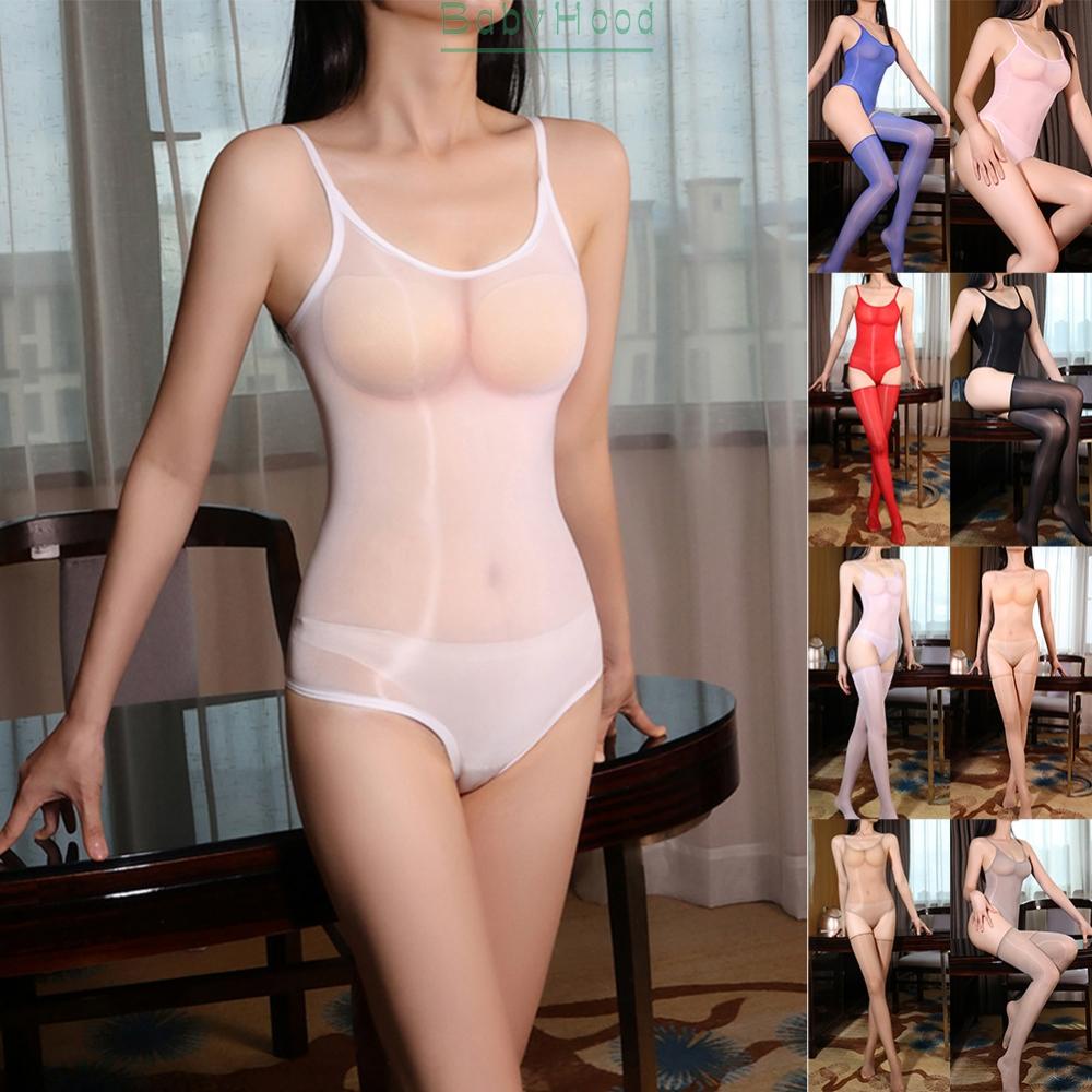 Women Sexy Sheer Oil Glossy Leotard Bodysuit Lingerie High Cut Bikini Nightwear#BBHOOD