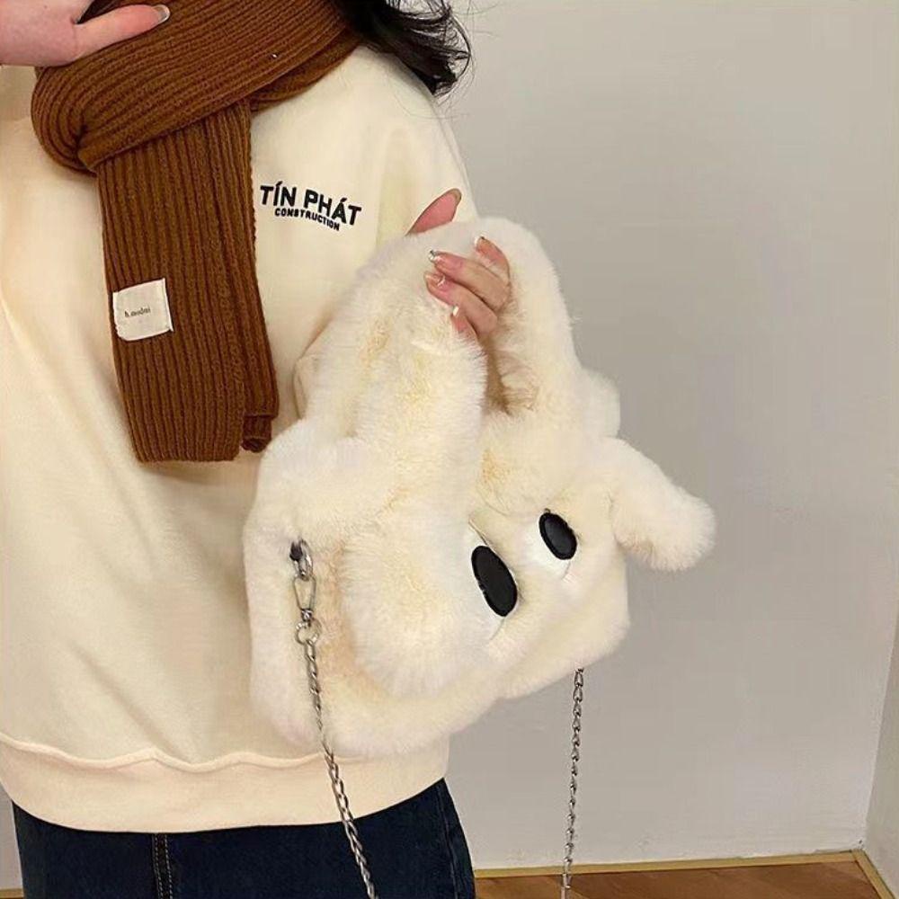 Sweetjohn Túi Xách tote Đeo Vai / Xách Tay Hình Vuông Cỡ Nhỏ Phủ Lông Họa Tiết Hoạt Hình Chú Chó Mắt To Phối Dây Xích Thời Trang