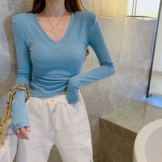 Áo Thun cotton Tay Dài Cổ Chữ v Thời Trang Mùa Thu