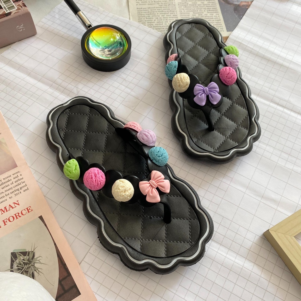 JY221-A1 CỤC KEM - Dép xỏ ngón gợn sóng phối sticker dễ thương, siêu xinh