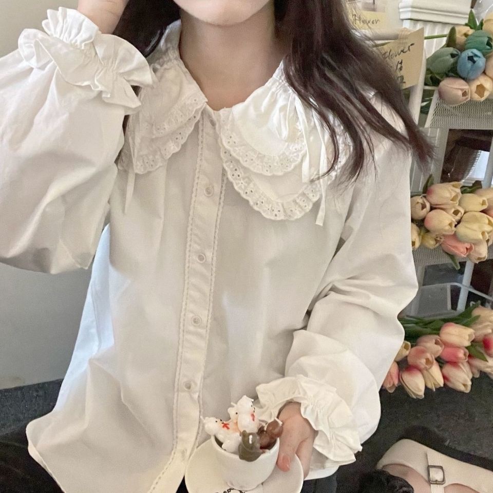 Áo Kiểu lolita Tay Dài Cổ Búp Bê Phối Ren Mềm Mại Dễ Thương Phong Cách Nhật Bản Cho Nữ