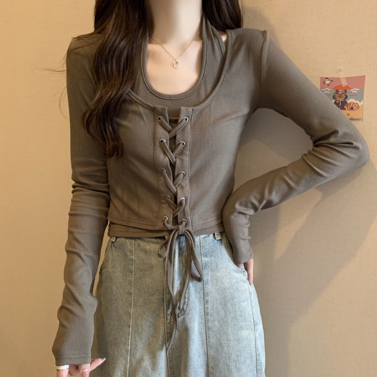 Áo Thun Tay Dài Hai Dây Cổ Yếm Phong Cách Mỹ Thời Trang Xuân Thu Mới Dành Cho Bạn Nữ Mặc Ngoài Trời