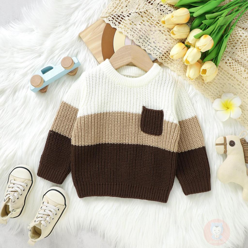 Laa6-áo sweater Dệt Kim Tay Dài Cổ Thuyền Ấm Áp Màu Sắc Tương Phản Cho Bé