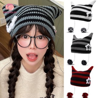 1 Mũ Len Sọc / y2k Hình Tai Mèo Dễ Thương Phong Cách Hàn Quốc