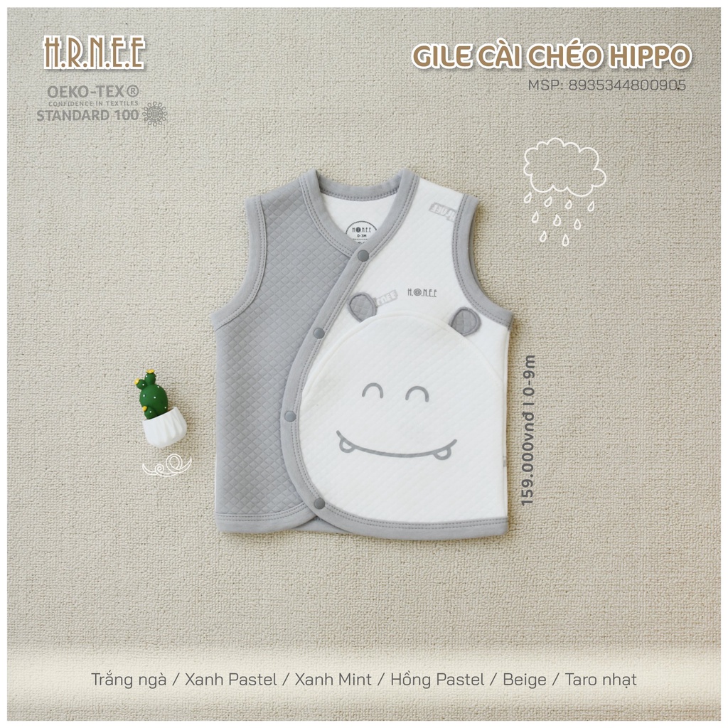 H.R.N,E.E -  Áo gile trần bông cài chéo Hippo cho bé trai bé gái từ 0m đến 6-9m