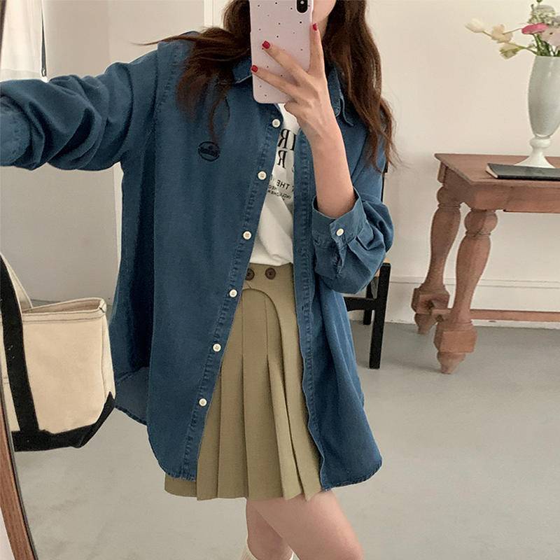 Áo Sơ Mi denim cotton Dáng Rộng Thêu Họa Tiết Thời Trang Cho Nữ
