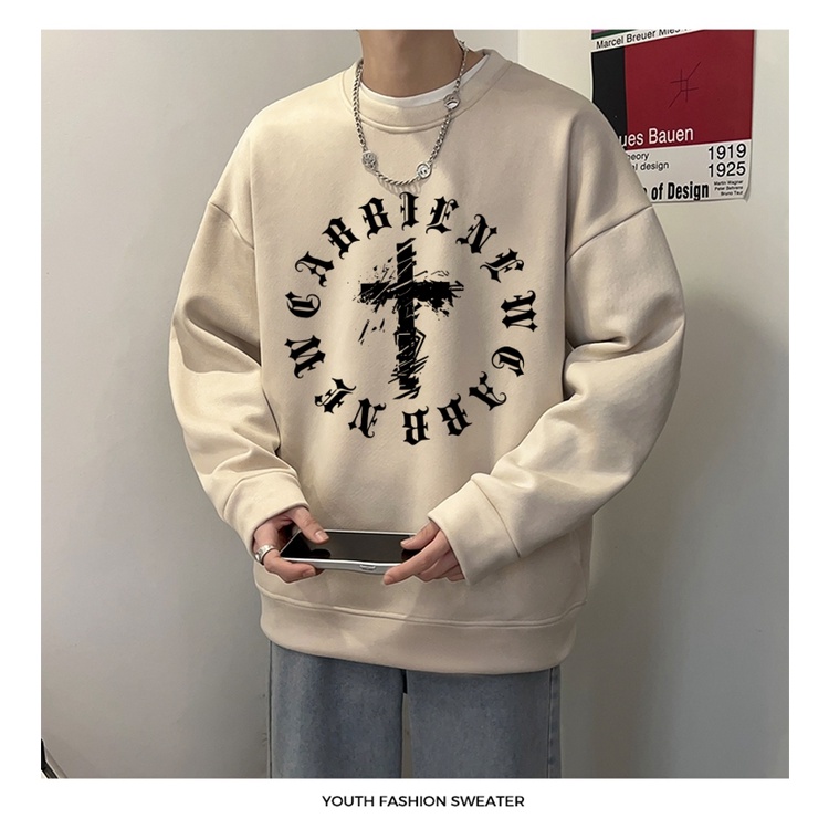 Áo sweater Tay Dài Cổ Tròn Dáng Rộng In Chữ Thập Màu Đen Phong Cách vintage Hợp Thời Trang