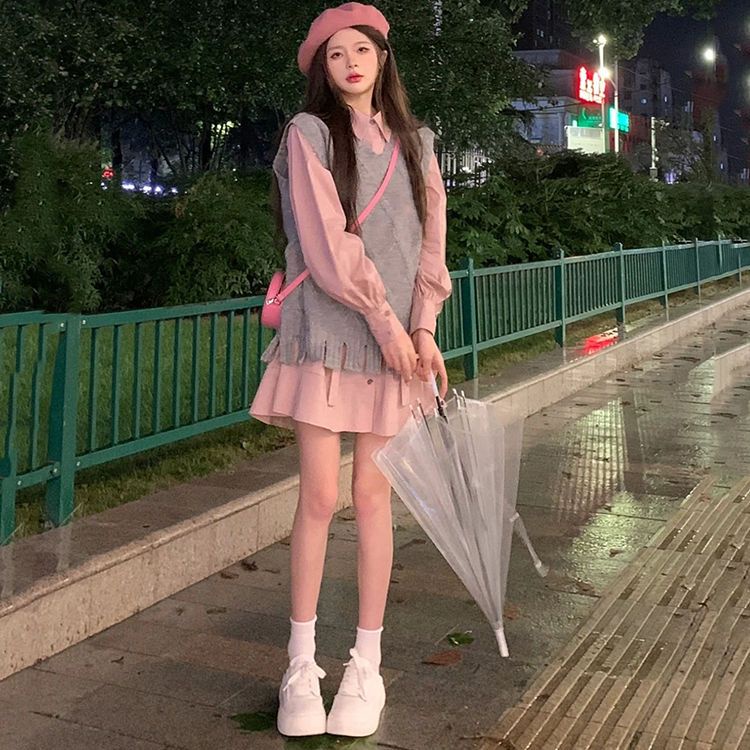 Set Áo Sơ Mi Tay Dài Kèm Váy Yếm Màu Xám Ngọt Ngào Nữ Tính