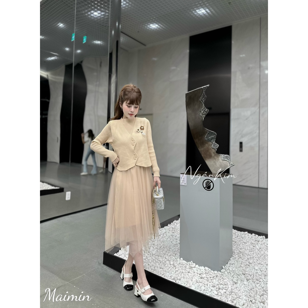 Set váy len chân voan áo gile hoa nhỏ hàng QC