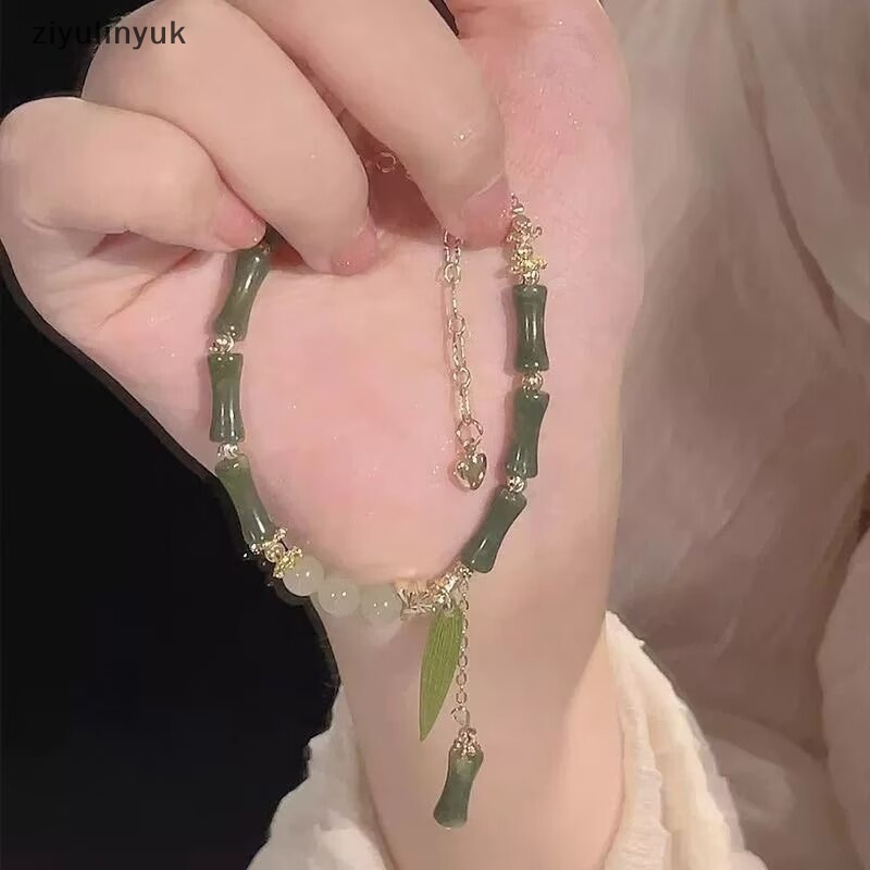 Ziyulinyuk Vòng Đeo Tay Chuỗi Hạt Hình Lá Tre Màu Xanh Lá Phong Cách Trung Hoa Cổ Điển Thời Trang Cho Nữ