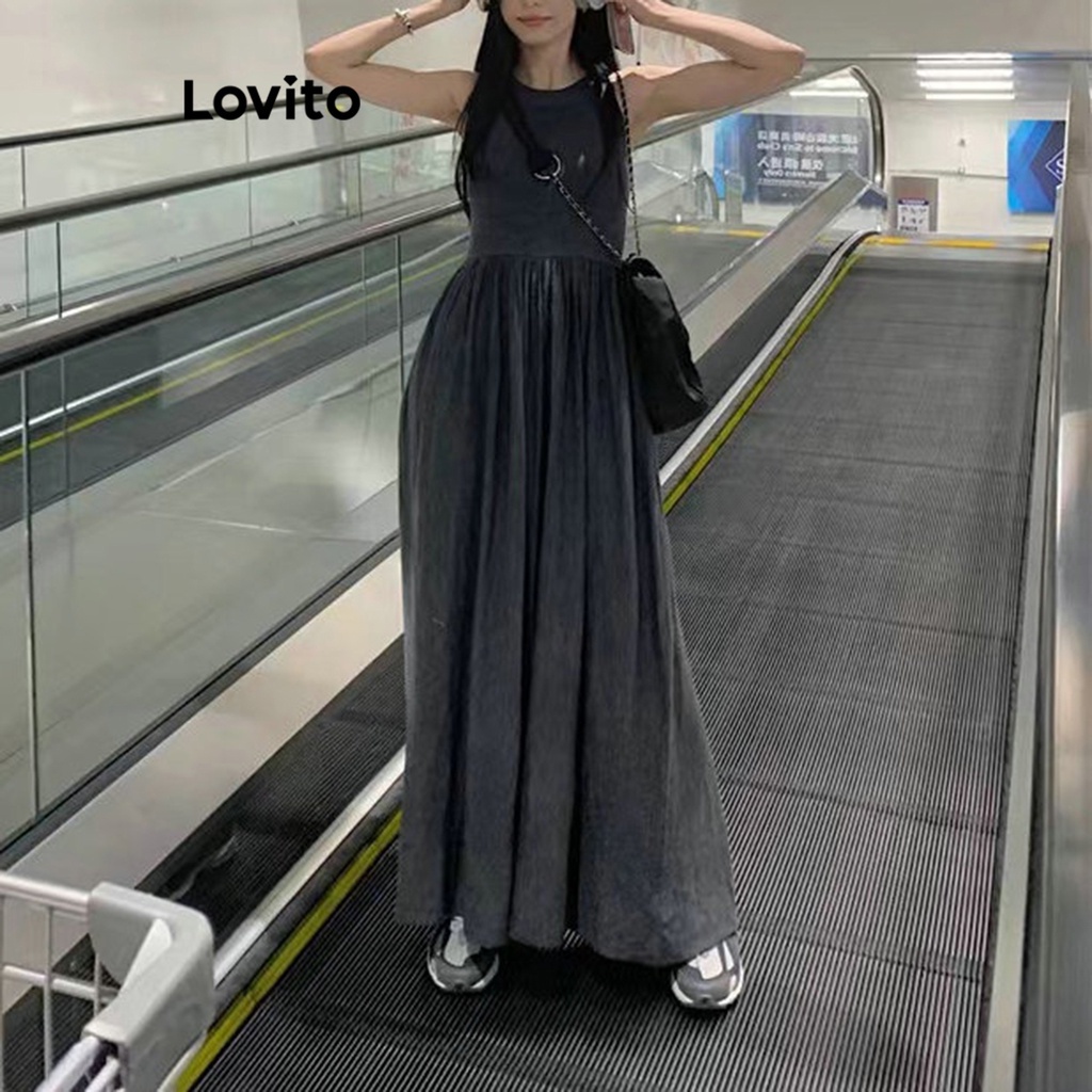 Đầm Lovito xếp nếp màu trơn thường ngày cho nữ LNE20018 (màu xám đậm)