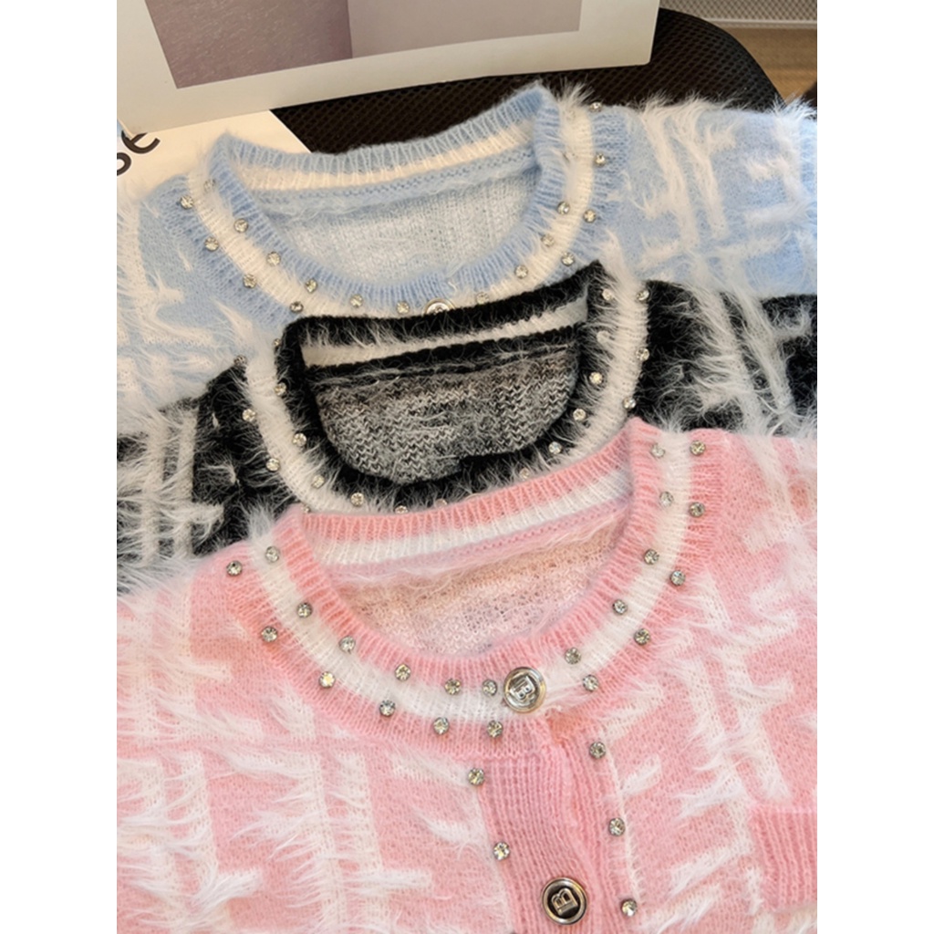 Áo cardigan len lông FF đính đá hàng QC 3 màu