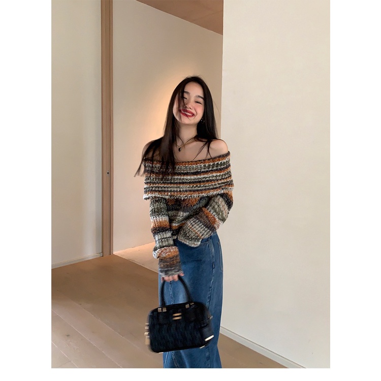 Áo sweater Hở Vai Họa Tiết Kẻ Sọc Nhiều Màu Thời Trang Mùa Xuân 2023 Cho Nữ 3mvp