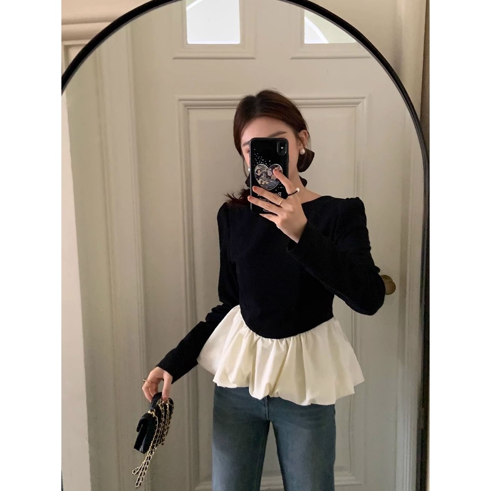 Áo Sơ Mi Dài Tay Cổ Tròn Phối Màu Tương Phản Phong Cách retro Hàn Quốc Thời Trang Mùa Thu Cho Nữ