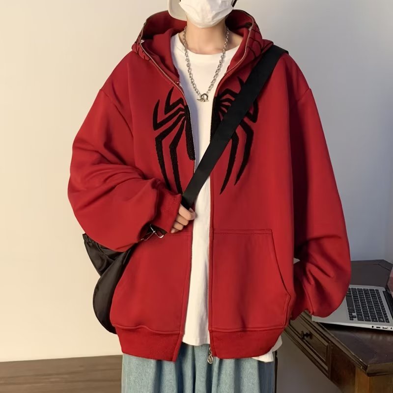 Áo Khoác Hoodie Có Khóa Kéo In Hình Người Nhện Phong Cách retro Mỹ Thời Trang Thu Đông Cho Nam