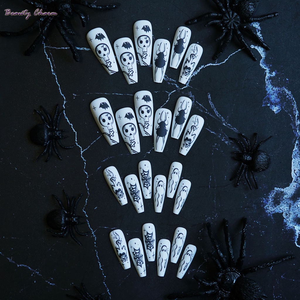 Bộ Móng Tay Giả Màu Trắng In Hình Đầu Lâu Trọng Lượng Nhẹ Và Dễ Gắn Dùng Hóa Trang halloween