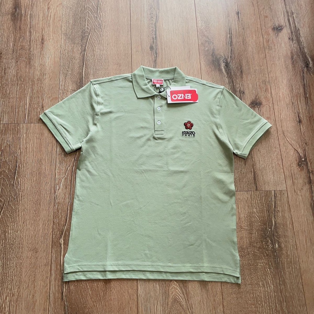 JYOX KENZO trendy men's polo collar shirt Begonia flower embroidered avocado green cotton T-shirt letter logo soft all-match breathable