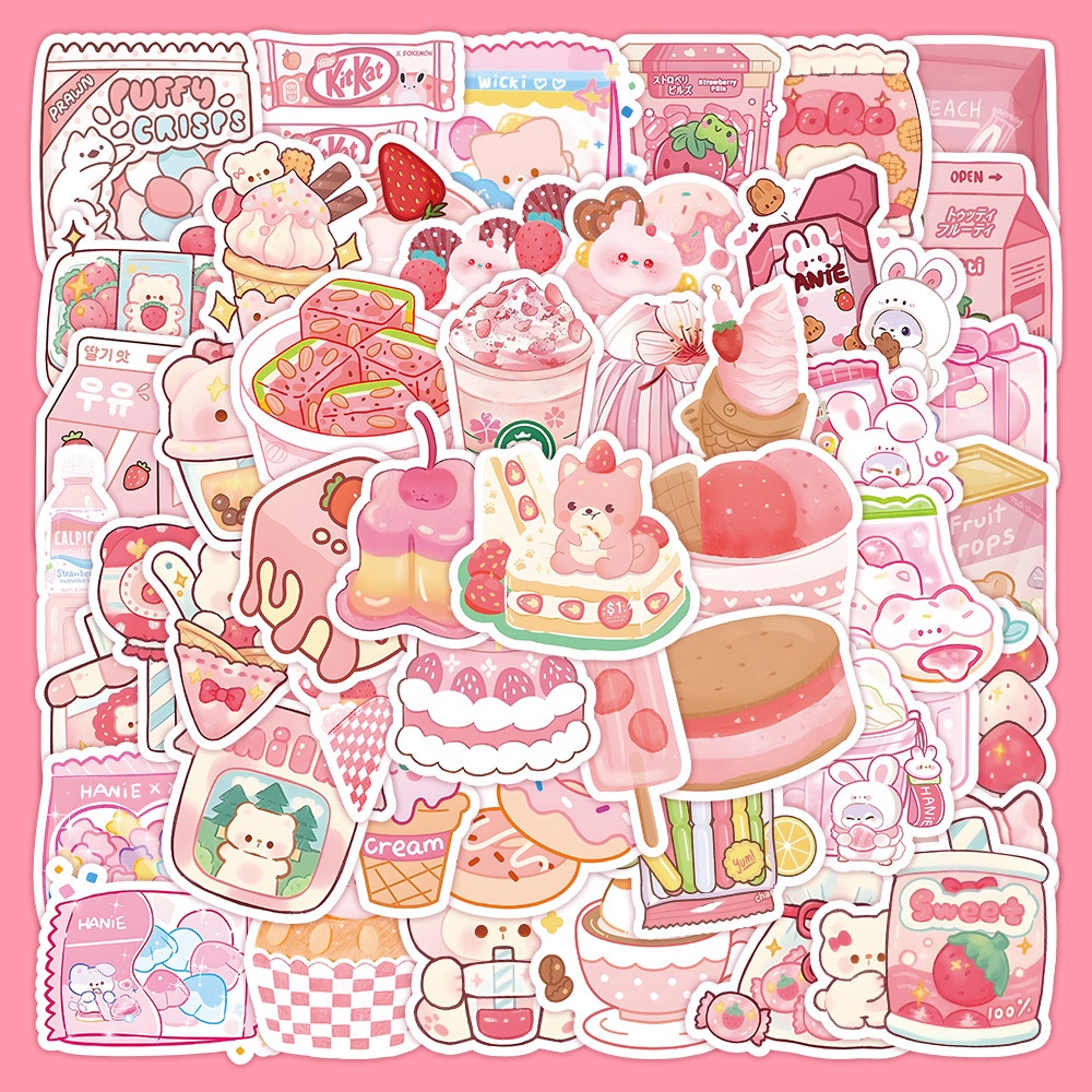 Bộ 60 Miếng Dán Trang Trí Mũ Bảo Hiểm / Bút Chì Họa Tiết Hoạt Hình graffiti Màu Hồng Dễ Thương