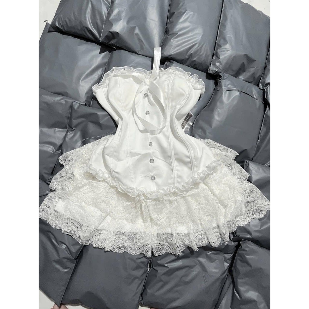 Set cup váy ren full trắng đen hàng Qc KÈM ẢNH THẬT