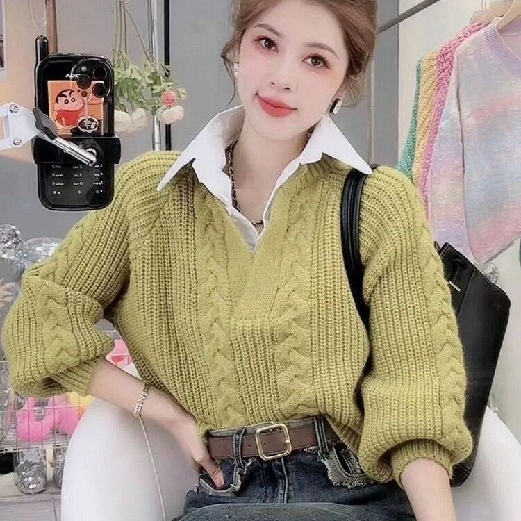 Áo sweater Giả Hai Lớp Cổ polo Dáng Ôm Phong Cách Thời Trang Pháp