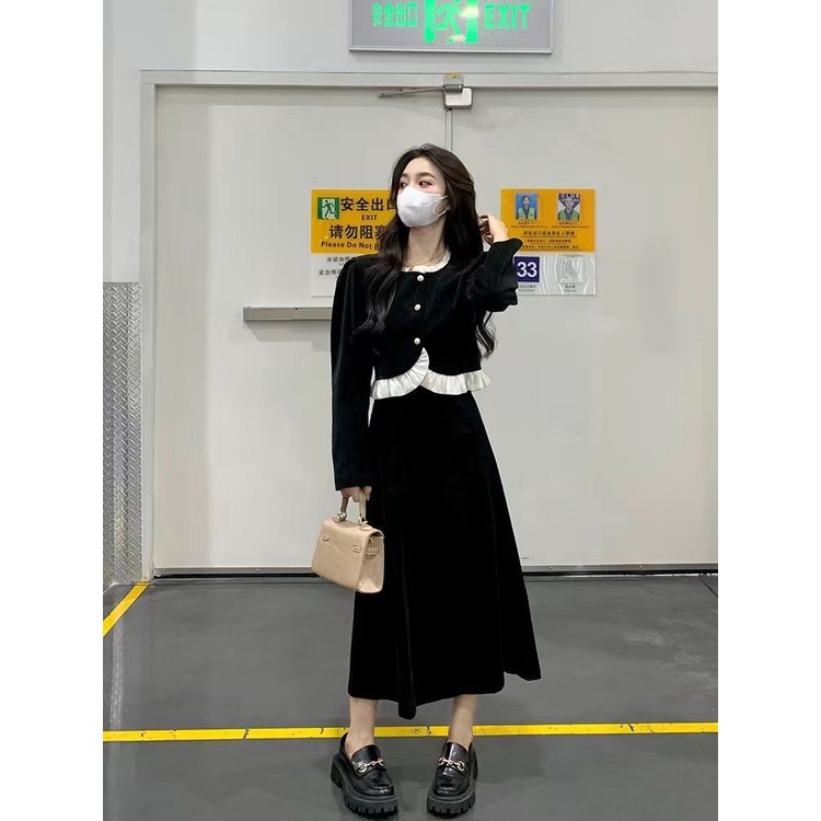 Bộ Áo Nhung Cao Cấp Tay Dài Phối Bèo + Chân Váy Thời Trang Thu Đông 2022