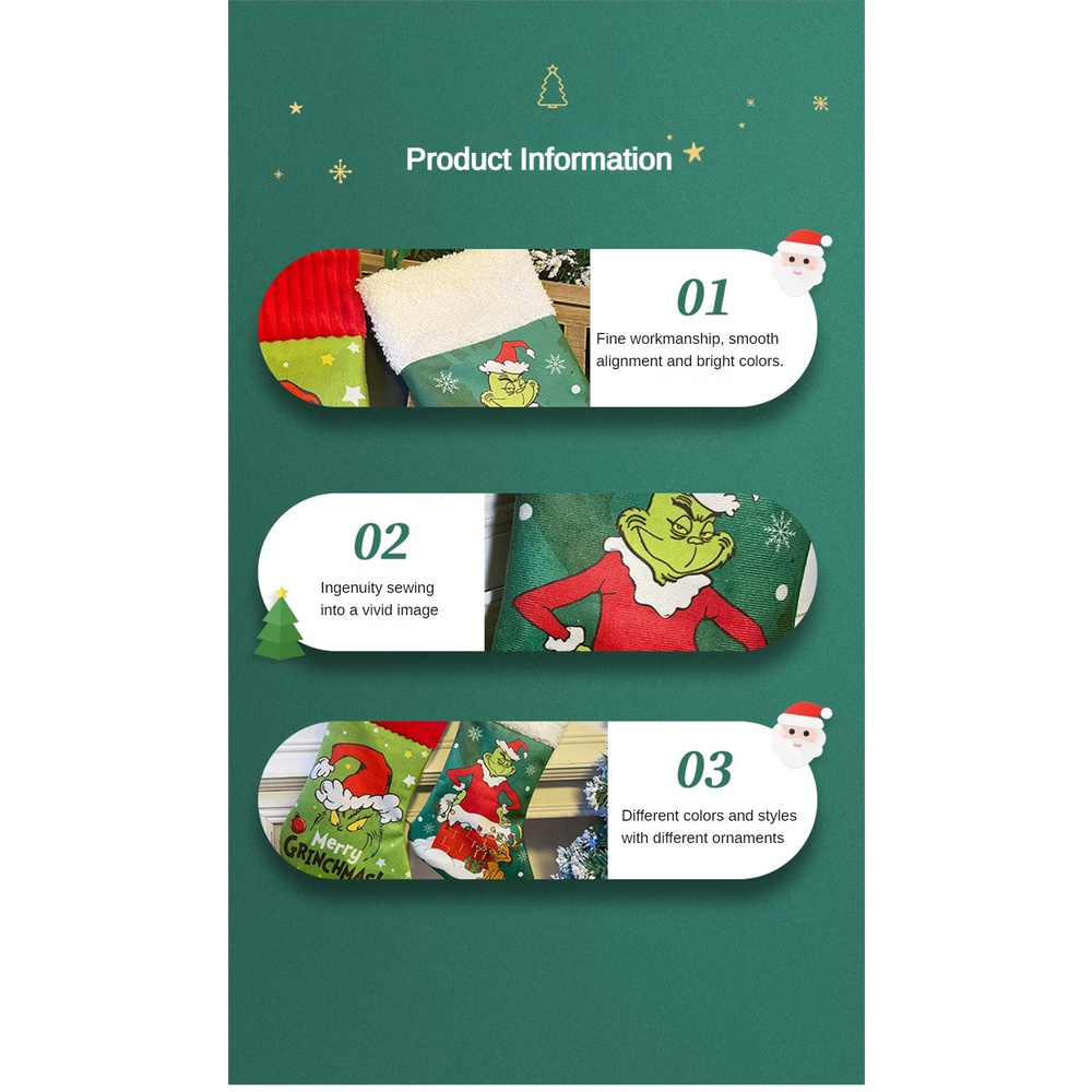 ☢ Vớ Giáng sinh Trang trí cây thông Noel Túi quà kẹo Grinch Green Christmas Socks Mặt dây chuyền Quà tặng Giáng sinh