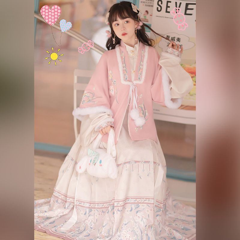 Nantingyuan  Váy Hán Phục Vải Nhung Kẻ Phối Khăn Choàng Cổ Thêu Thủ Công Mùa Đông Cho Nữ Mừng Năm Mới