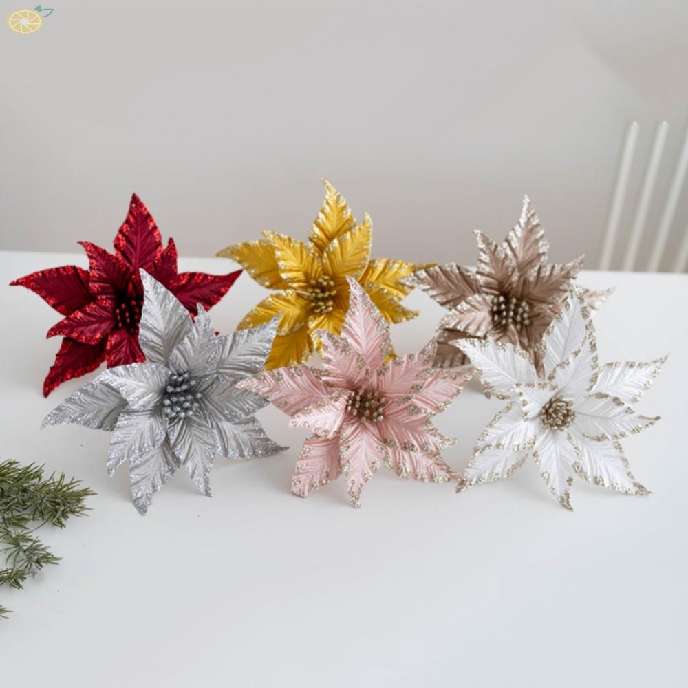 Christmas Flower Decor Glitter Plastic Poinsettia Christmas Tree Decoration