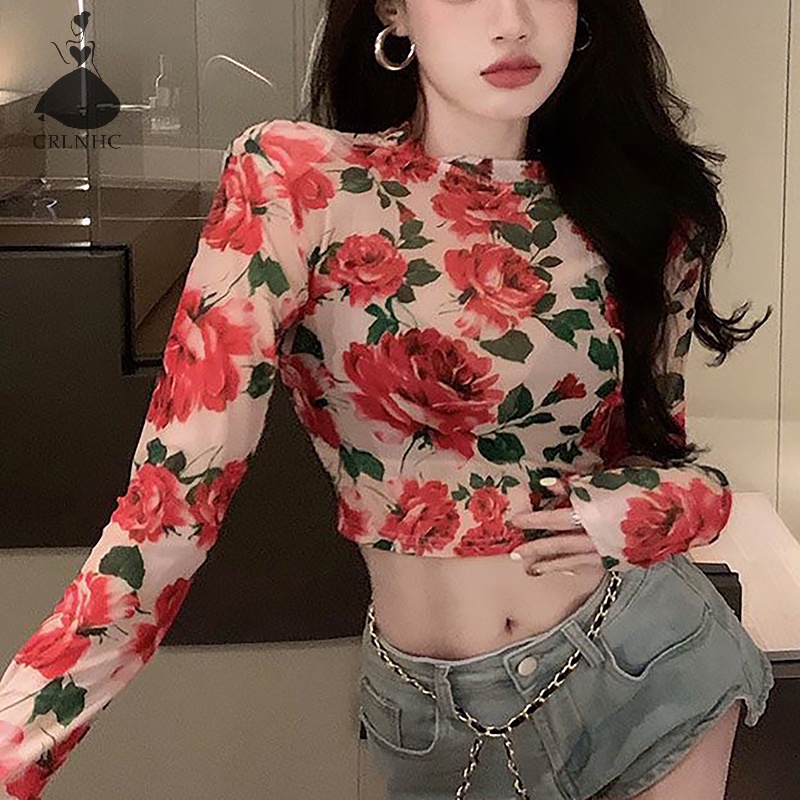 Áo Thun crop top Tay Dài Cổ Tròn In Hoa Thời Trang Mùa Thu Cho Nữ