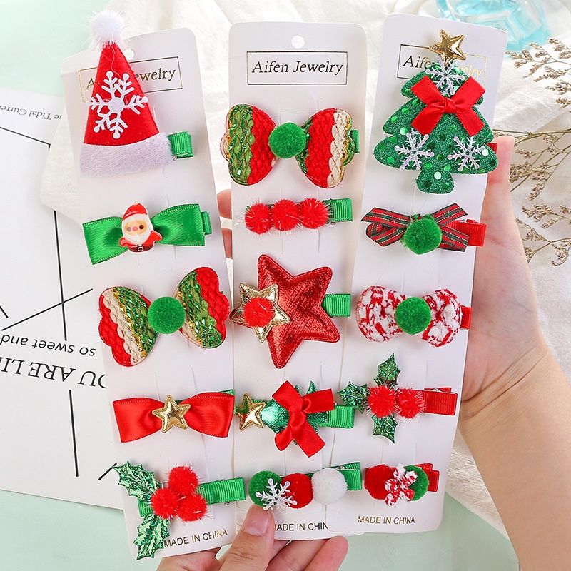 Set 10 Kẹp Tóc Đính Kim Sa Màu Đỏ / Xanh Lá / Đỏ Phong Cách Giáng Sinh Cho Bé Gái