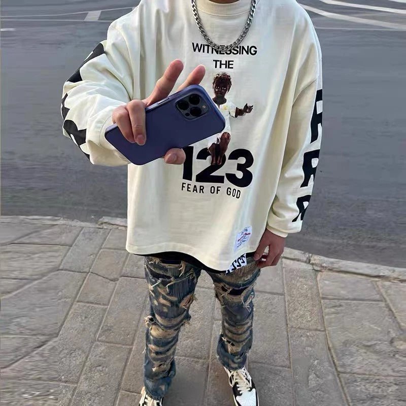 6JT1 Fear of God X Rrr123 Joint Cooperation Long Sleeve Tshirt Angel Pattern Print Design Long Sleeve Tshirt Fog Shirt