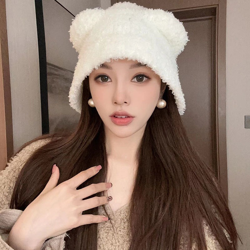 Mũ Len Trùm Tai Mềm Mại Thoải Mái Giữ Ấm Mùa Thu Đông In Hình Gấu Dễ Thương