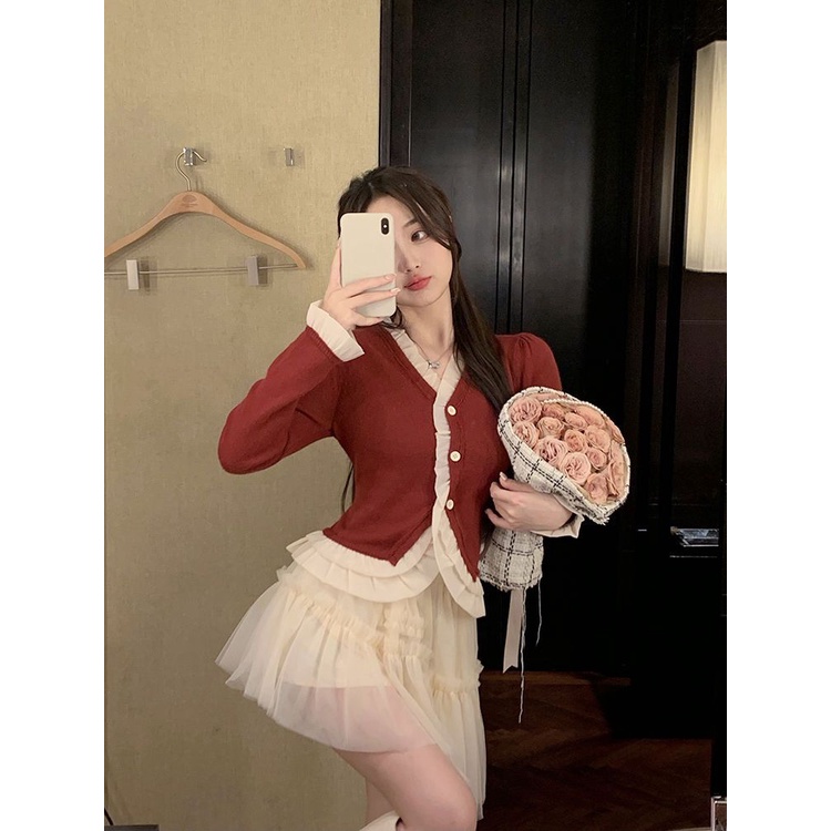 Áo cardigan Tay Dài Viền Đỏ Phong Cách Mùa Xuân Mới Cho Nữ