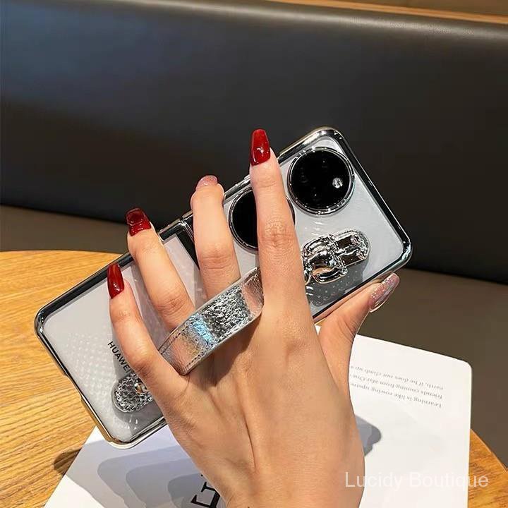 Mới Ốp Điện Thoại Trong Suốt Họa Tiết Hoạt Hình Chú Gấu Dễ Thương Kèm Giá Đỡ & Dây Đeo Cổ Tay Cho huawei p50 2tei