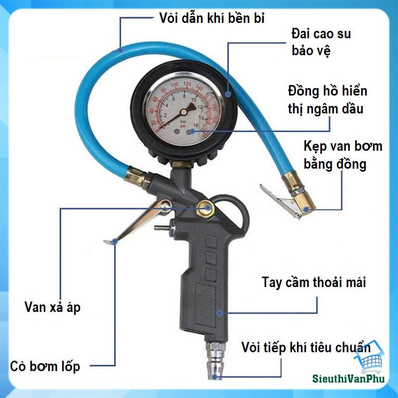 Đầu Vòi Bơm Ô Tô - Xe Máy - Đồng hồ Dầu chính xác, đầu kẹp van bằng đồng bền bỉ, có xả áp, - Dùng Hơi Khí Nén
