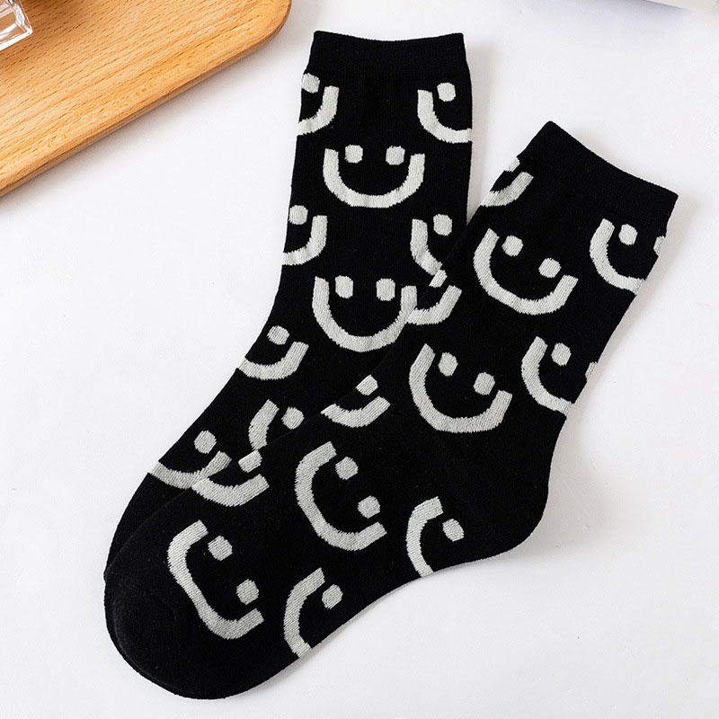 Vớ cotton Thuần Khiết Dài Trung Bình In Hình Mặt Cười Phong Cách Thể Thao Thời Trang Xuân Thu Cho Nữ