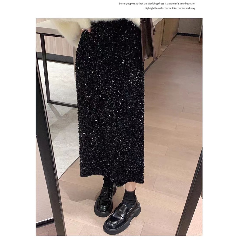 Chân Váy Nhung Dáng Suông Xẻ Tà Đính Kim Sa Lấp Lánh Cho Nữ