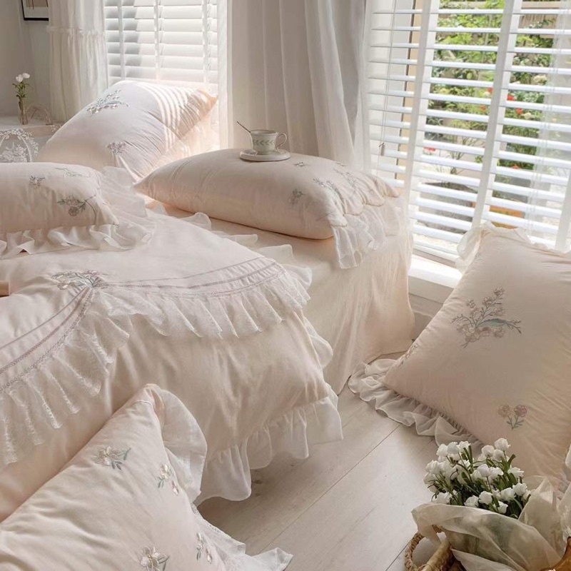 Bộ chăn ga gối Lụa thêu hoa viền bèo tiểu thư set 7 món