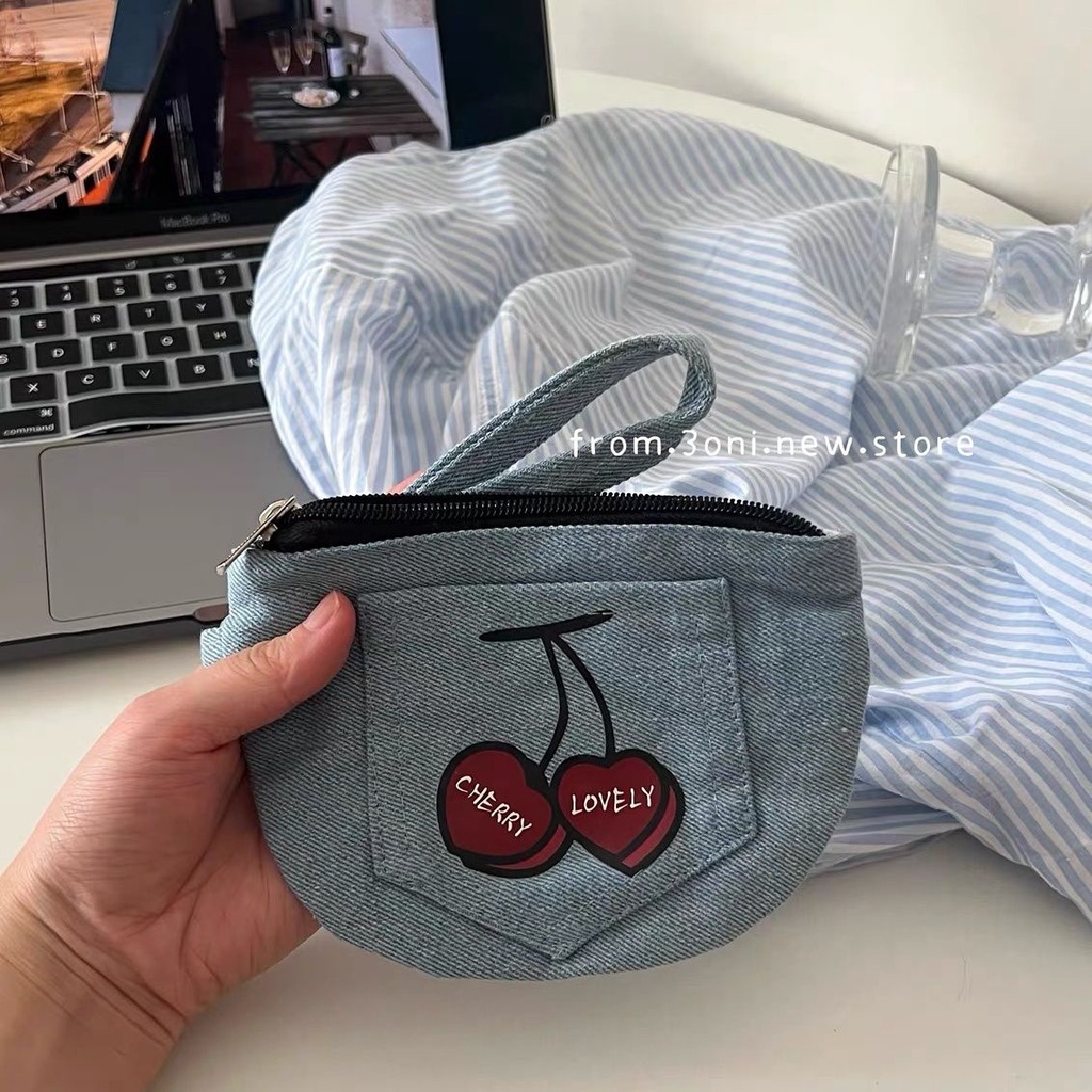 Ví Vải denim Đựng Tiền Xu Màu Xanh cherry Xinh Xắn