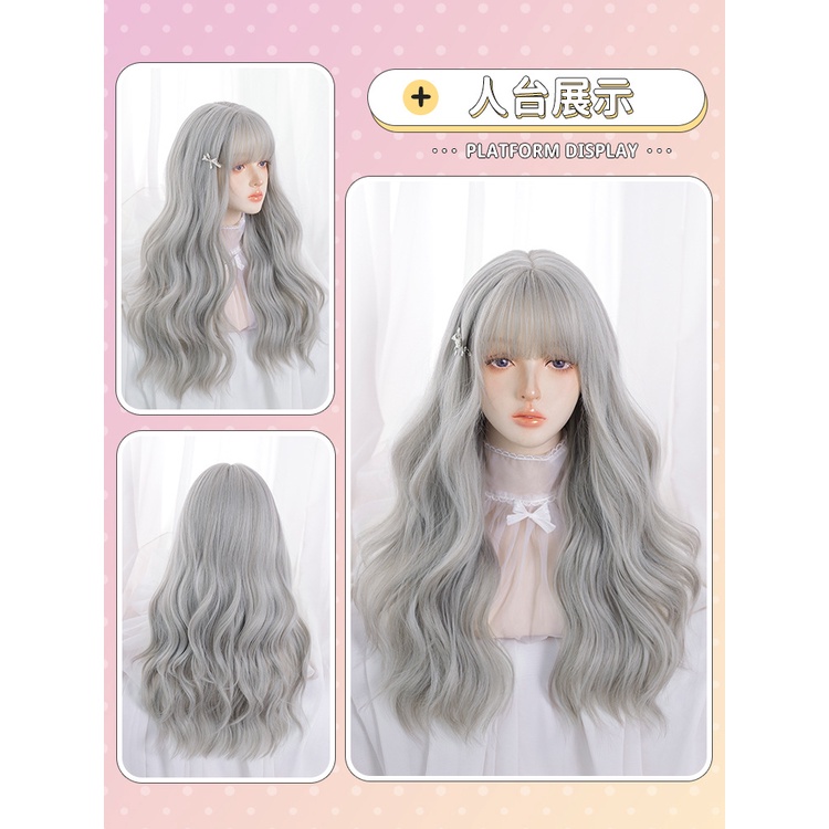 Bộ Tóc Giả Dài Xoăn Gợn Sóng Tự Nhiên Màu Xám Phong Cách lolita