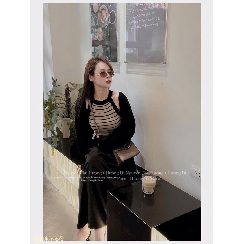 Váy cổ yếm pha chân váy thô kèm áo khoác len