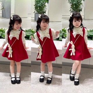 Sét 3 chi tiết, váy áo kèm chú gấu xinh cho bé gái, váy noel, váy tết cho bé gái