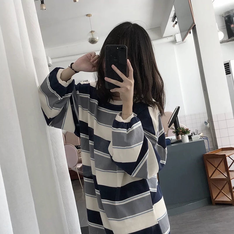 Áo Phông Hot Áo Thun Dáng Rộng Tay Dài Kẻ Sọc Cầu Vồng Thời Trang Mùa Thu Cho Nữ