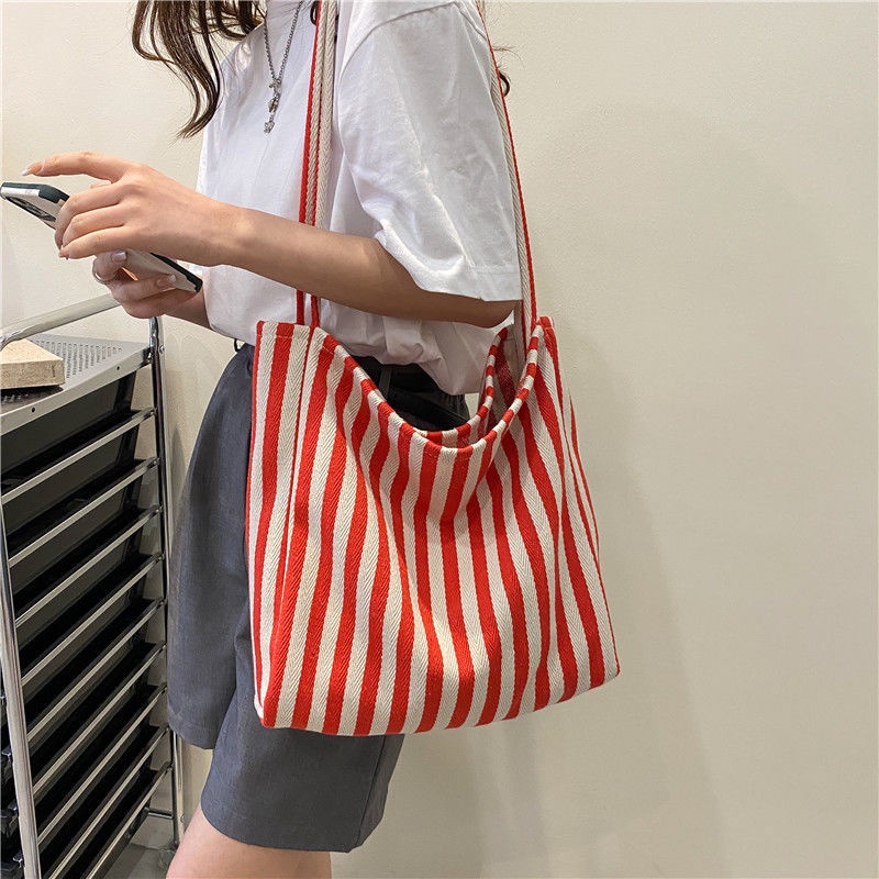 Túi Xách canvas Cỡ Lớn Họa Tiết Kẻ Sọc Đơn Giản Thời Trang Cho Nữ