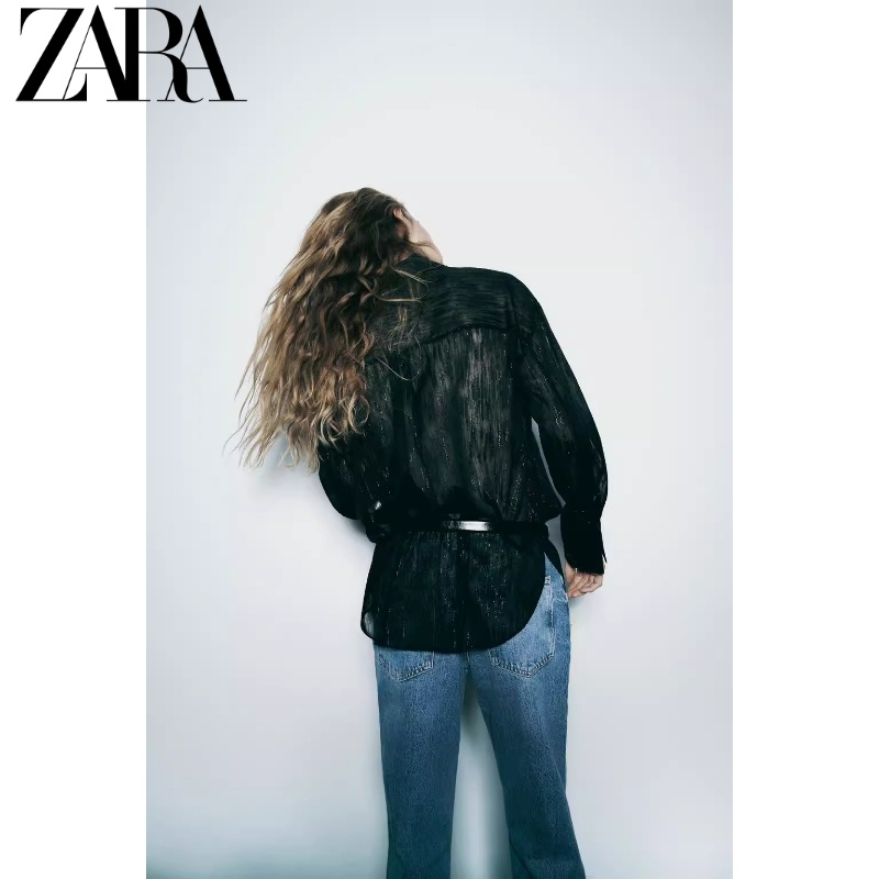 Hàng Mới Về zara Áo Thun Dáng Rộng Màu Đen Phối Đường Chỉ Kim Loại Thời Trang Mùa Đông Cá 7969248