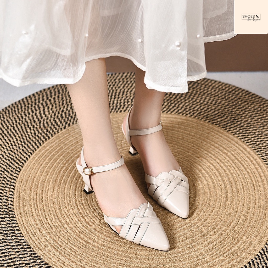 Giày xăng đan nữ cao gót 4 phân mũi nhọn đan lưới quai cài mắt cá hàng Quảng Châu cao cấp full box- Mã BQ0027
