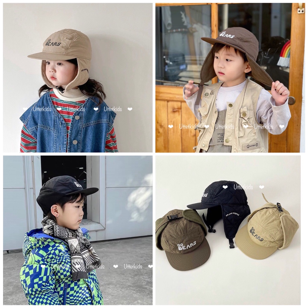 MŨ LÓT BÔNG CHE TAI CHỐNG GIÓ GO BEARS PHONG CÁCH HÀN QUỐC CHO BÉ GÁI VÀ BÉ TRAI