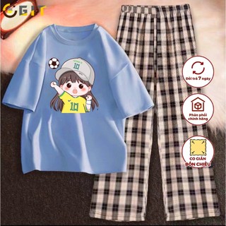 Sét áo phông Cô gái bóng vàng + quần karo, Áo thun from rộng, mặc cho Nam và nữ chất đẹp, Sét bộ mặc ở nhà DVGIT