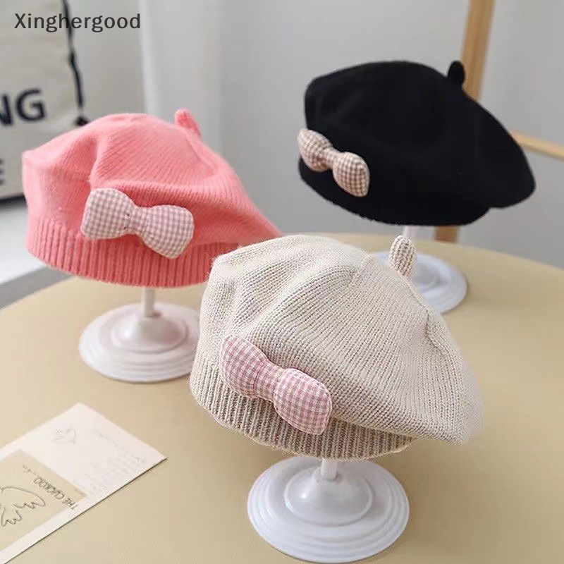 Xinghergood Mũ Nồi Dệt Kim Màu Trơn Đính Nơ Thời Trang Thu Đông Ấm Áp Cho Bé Gái
