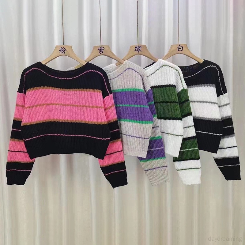 Áo croptop Dệt Kim Trễ Vai Tay Dài Hoạ Tiết Kẻ Sọc Thời Trang Mùa Thu Cho Phái Nữ